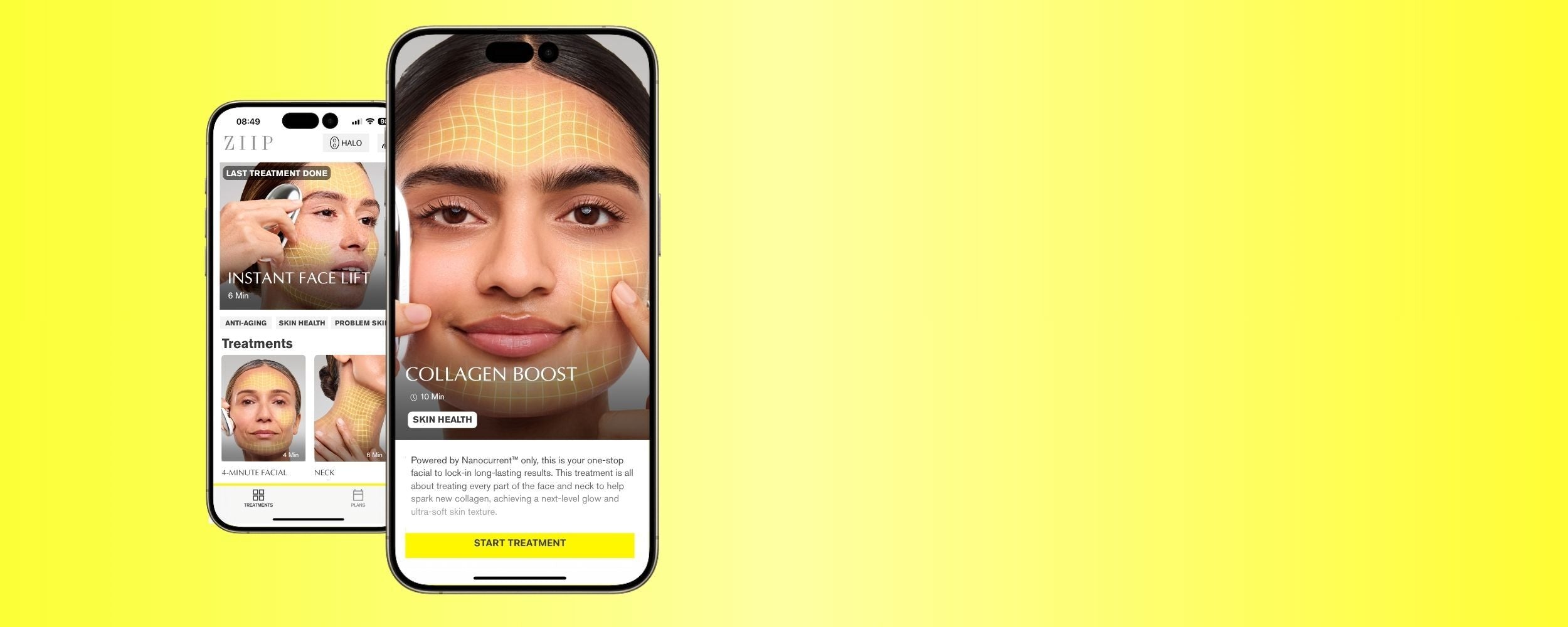 Smartphone displaying ZIIP HALO skincare app on a yellow background